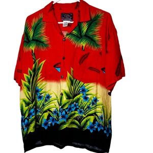 Basix Mens Hawaiian Shirt Red Tropical Palm‎ Tree Martini Glass Rayon Small